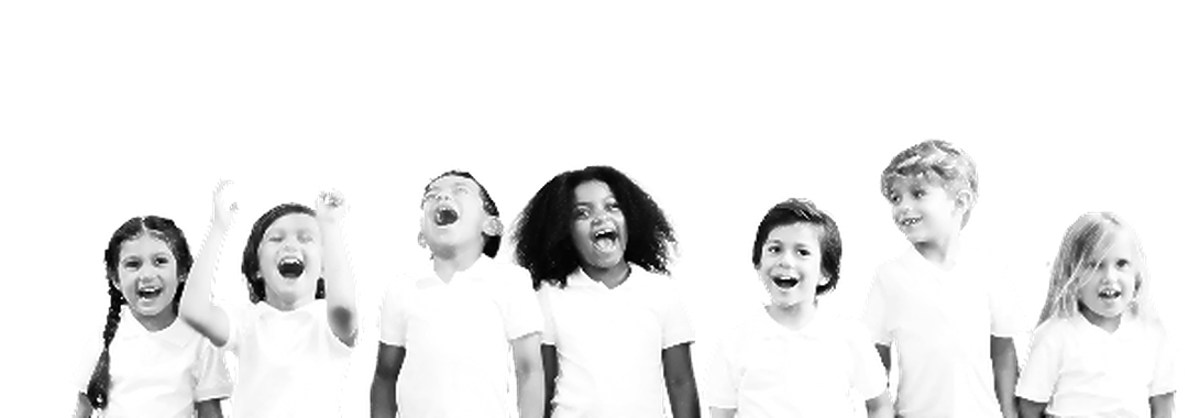A row of primary school children cheering.